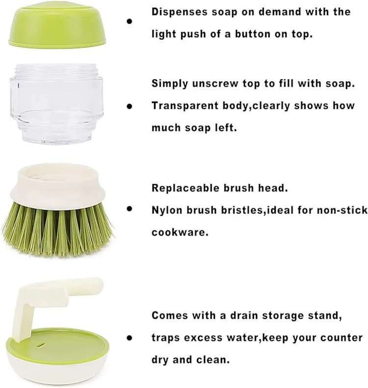 Soap dispenser palm brush with storage stand