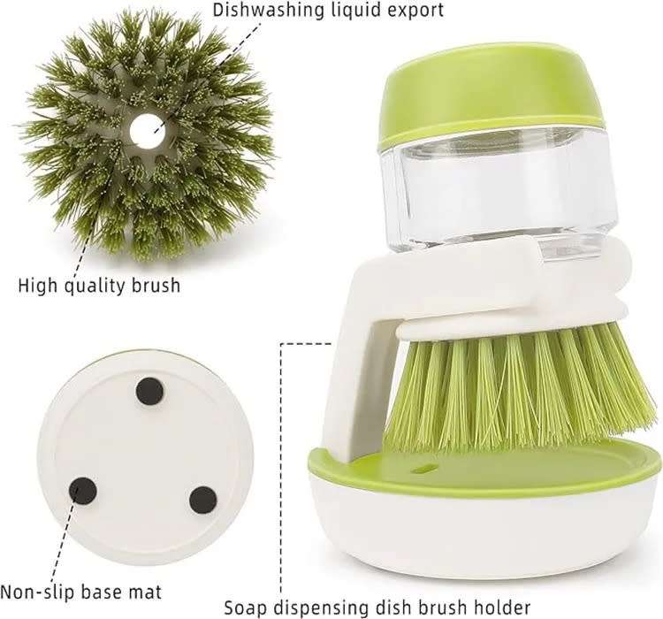 Soap dispenser palm brush with storage stand