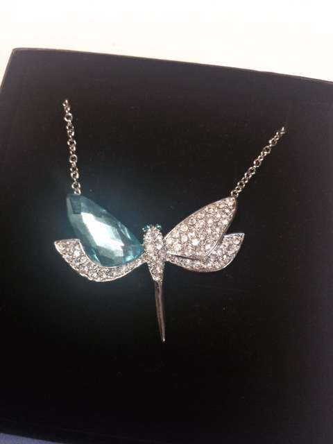 DRAGONFLY PENDANT AND CHAIN WITH BLUE CUBIC ZIRCONIA - STERLING SILVER- FREE SHIPPING