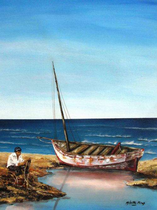 'MENDING THE NETS' original, signed, acrylic on canvas by Aletta Knox 41 x 51cms
