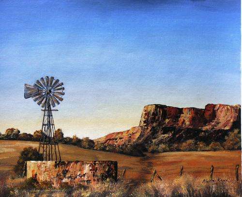 "SUNSET ON THE RESERVOIR" original,signed,unframed acrylic on canvas by Aletta Knox 51x41cms