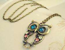Vintage Women Colorful Owl Crystals Rhinestone Pendant Necklace