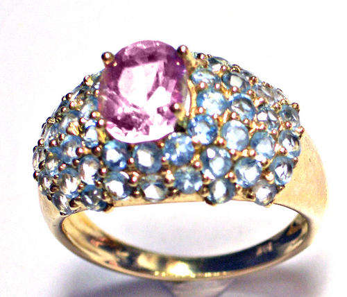 HOT SALE! REAL 10KT YELLOW GOLD GENUINE GENUINE PINK TOPAZ & BLUE TOPAZ RING