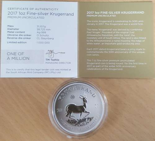 2017 1oz Fine Silver Kruger Rand Prenuim-Uncirculated