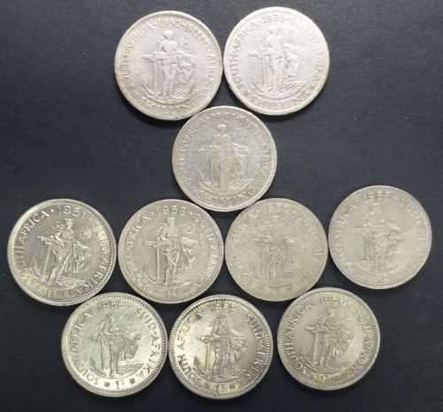 1 SHILLINGS - 1932, 36, 41, 51, 53, 54, 55, 56, 58  & 60 - 10 x 1 SHILLINGS SILVER COINS