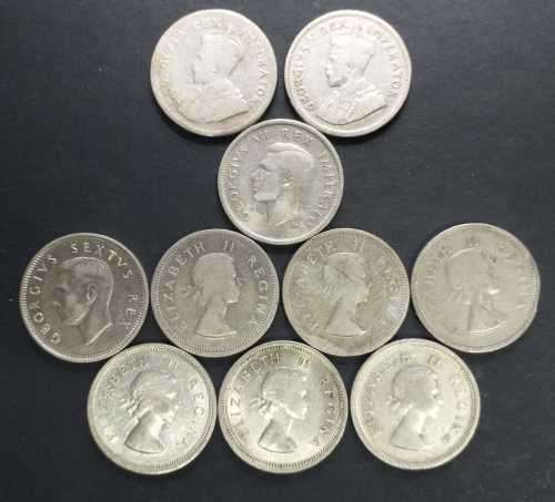 1 SHILLINGS - 1932, 36, 41, 51, 53, 54, 55, 56, 58  & 60 - 10 x 1 SHILLINGS SILVER COINS