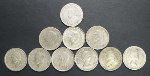 6 Pence - 1933, 41, 42, 48, 50, 51, 52, 53, 54, & 57 - 10 x 6 Pence SILVER COINS