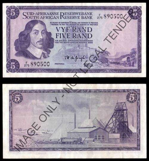 #  T W de JONGH  - Five Rand (Afr/Eng)  -  1975 - 3rd ISSUE  -  F275  -  VF+  #