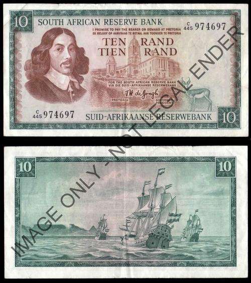 #  T W de JONGH  - Ten Rand (Eng/Afr)  -  1975 - 3rd ISSUE  -  C445  -  VF+  #