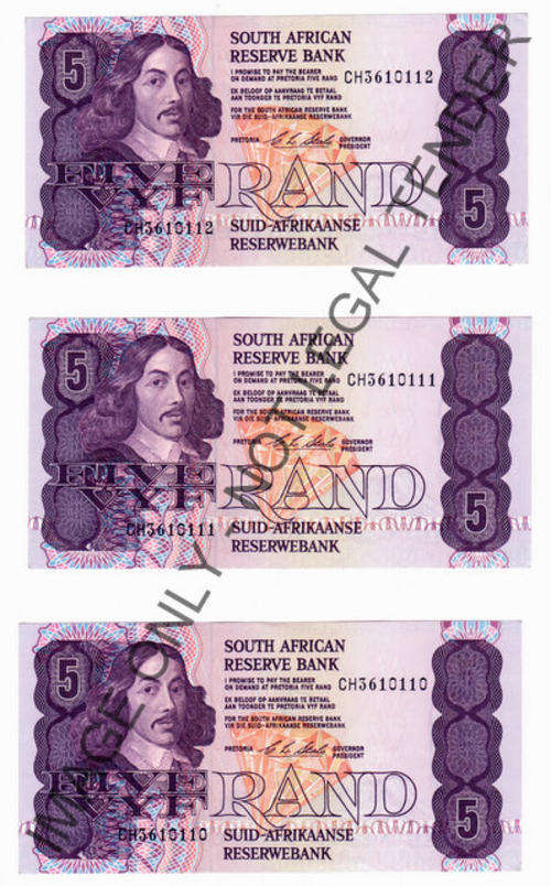 #  CL STALS  - Five Rand (Eng/Afr)  - x 3 in Sequence - 1990 - 1st ISSUE  -  CH  -  Unc  #