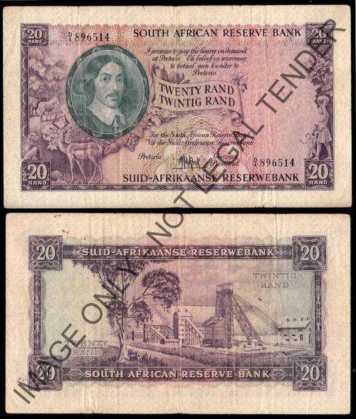 #  M. de KOCK  - Twenty Rand (Eng/Afr)  -  1961 - 4th ISSUE  -  D1 -  VF  #