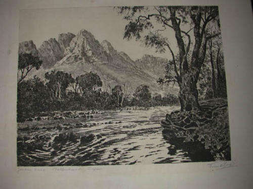 Jonkers Hoek by Tinus de Jongh (etching by South African artist)
