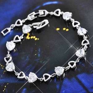 Exclusive rhodium plated White Gold Clear Crystal Hearts Tennis Bracelet