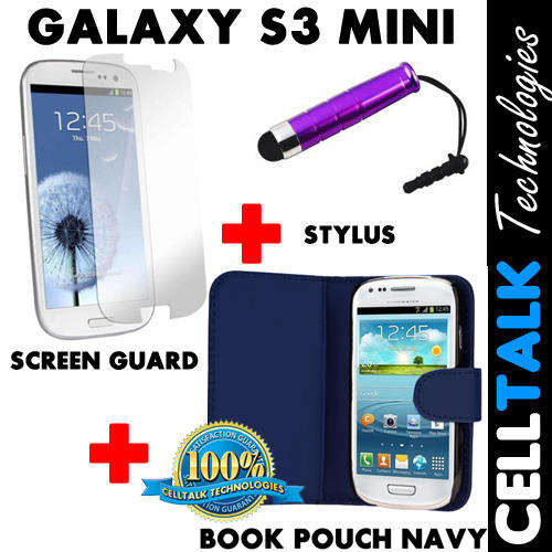** SPECIAL** Samsung Galaxy S3 MINI Flip Type Book Pouch NAVY + Screen Protector + Stylus *SPECIAL**