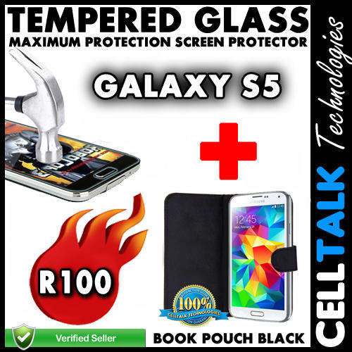 Samsung Galaxy S5 Book Pouch + Tempered Glass Screen Guard COMBO BLACK!! **Special**