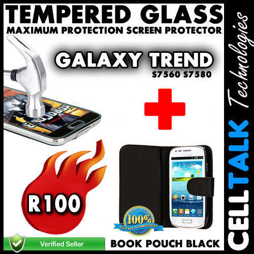 Samsung Galaxy Trend S7560 S7580 Book Pouch + Tempered Glass Screen Guard COMBO BLACK!! **Special**