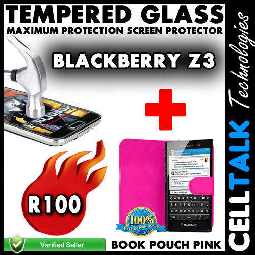 Blackberry Z3 Book Pouch + Tempered Glass Screen Guard COMBO PINK!! **Special**