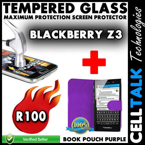 Blackberry Z3 Book Pouch + Tempered Glass Screen Guard COMBO PURPLE!! **Special**