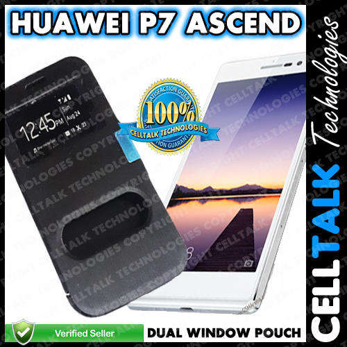 Slim Line Dual Window Book Pouch For Huawei P7 Ascend BLACK