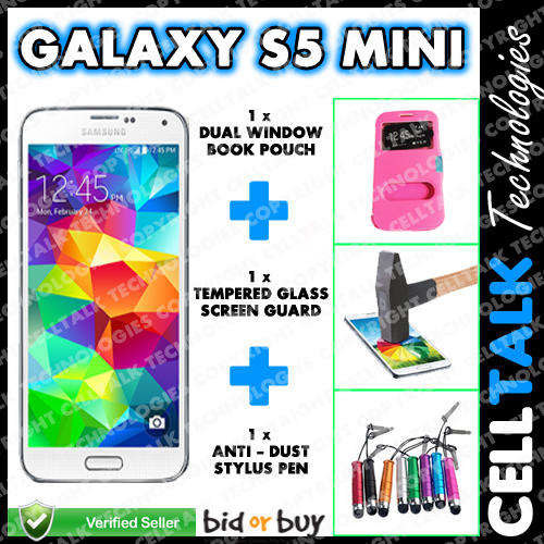 Samsung S5 Mini Dual Window Pouch + Tempered Glass + Stylus COMBO PINK!!