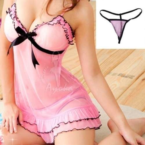 Sexy Women Pink Lace Baby Dolls Nightdress With Lingerie Babydoll Size Medium