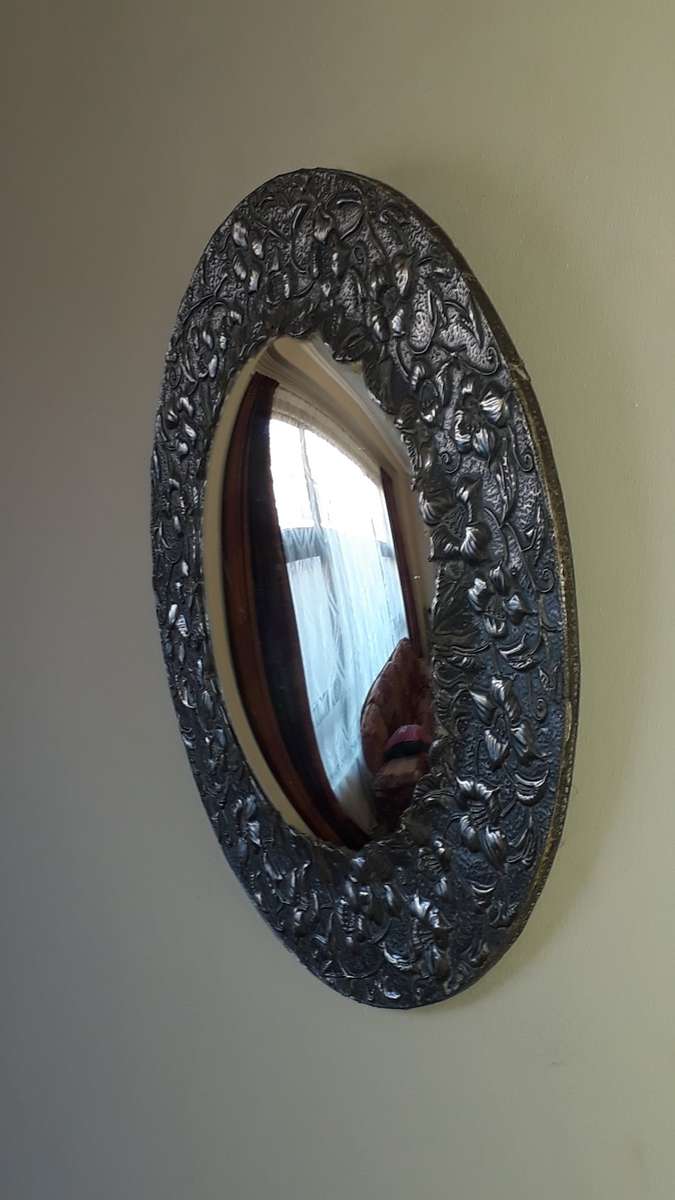 Vintage Convex Mirror in Pewter Frame.