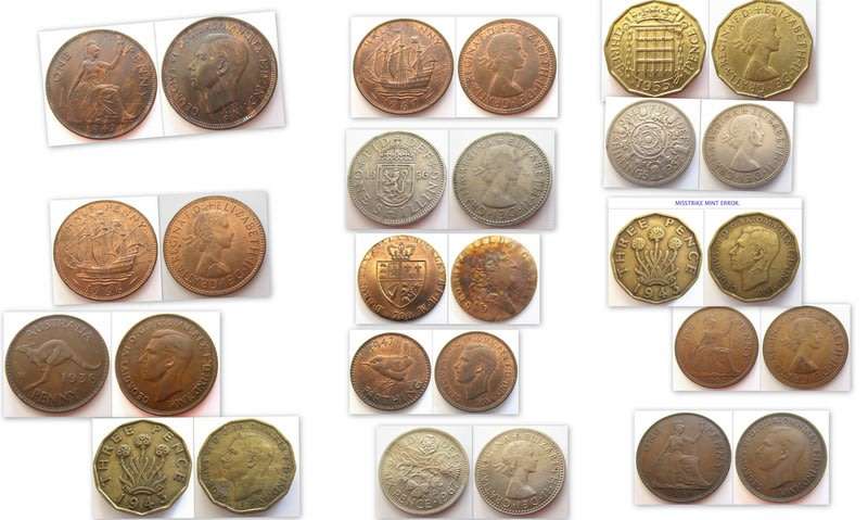 A LOT OF 14  BRITISH COINS  1 is AUSTRALIAN --1 IS A 1790 TOKEN--ALL FOR 1 bid