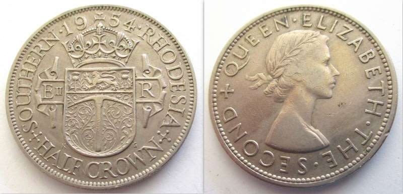 A LOT OF RHODESIAN AND SOUTHERN RHOD COINS INCLUDING A 1954 SOUTHERN RHOD HALF CROWN --ALL FOR 1 bid