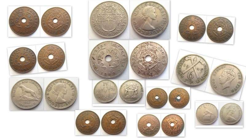 A LOT OF RHODESIAN AND SOUTHERN RHOD COINS INCLUDING A 1954 SOUTHERN RHOD HALF CROWN --ALL FOR 1 bid