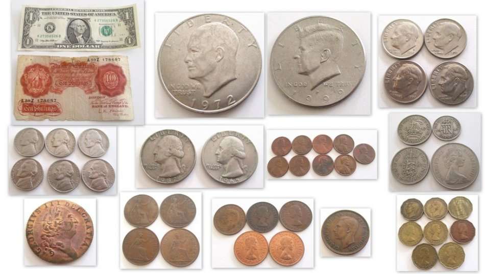 A LOT OF BRITISH AND AMERICAN COINS , 2 NOTES AND A 1790 TOKEN--ALL IMAGES ON MAIN BODY OF LISTING