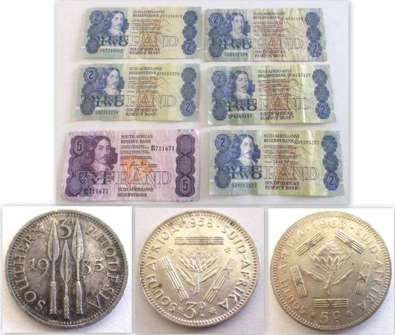 3 VARIOUS SILVER COINS AND SIX SOUTH AFRICAN BANK NOTES