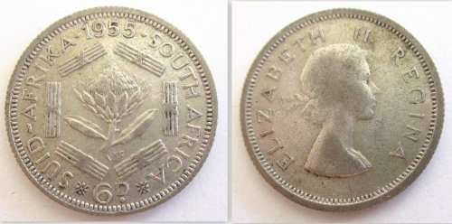 2 CRISPY SOUTH AFRICAN R1 BANKNOTES IN SEQUENCE AND 4 SILVER COINS. 1925,1955 and 2x1934