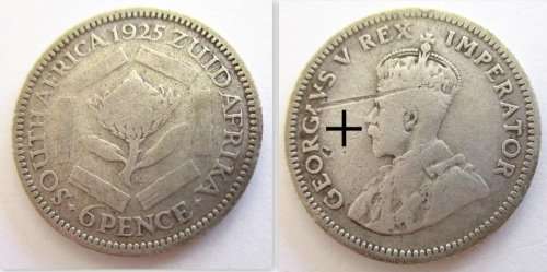 2 CRISPY SOUTH AFRICAN R1 BANKNOTES IN SEQUENCE AND 4 SILVER COINS. 1925,1955 and 2x1934