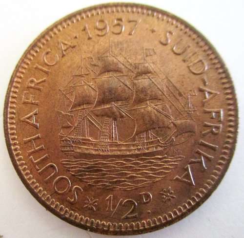 A 1957 SOUTH AFRICAN HALF PENNY--BRILLIANT EF COIN--GOOD FOR GRADING