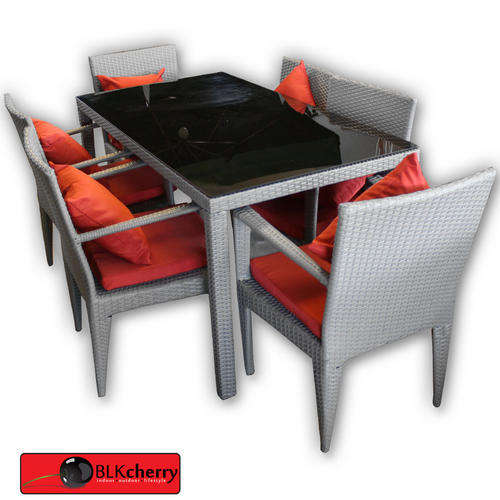Poly Rattan Grey & Red Dining Table with Chairs includes: - dining table with glass top - 6 chairs -
