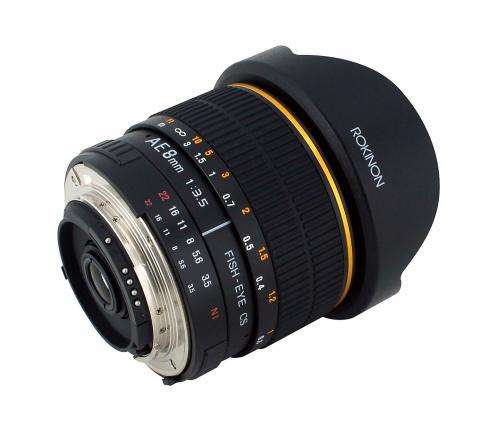 ** ROKINON FISH-EYE CS ** AE 8 MM  1:3.5 ** ASPHERICAL **  REAR  CAP ** NIKON MOUNT*GOOD CONDITION*