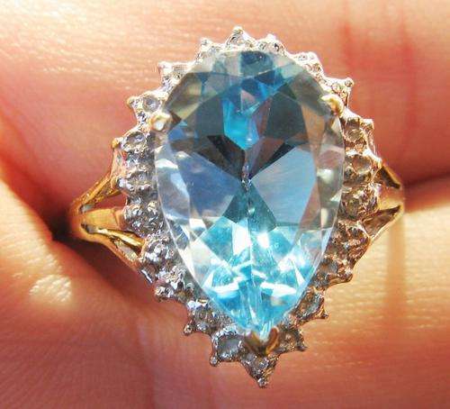 UK HALLMARKED 9CT GOLD LARGE BLUE TOPAZ & DIAMOND RING SIZE P