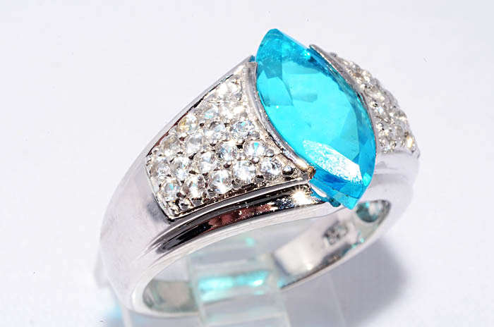 4.60CT MARQUISE CUT CREATED PARIABA TOURMALINE & WHITE TOPAZ RING