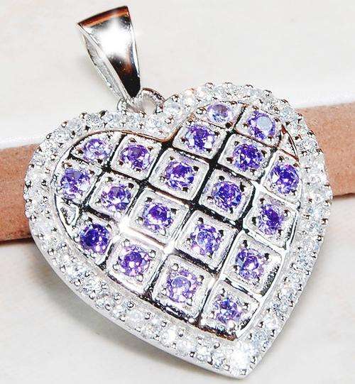 Elegant Amethyst & White Sapphire 925 Solid Sterling Silver Heart Pendant 1"
