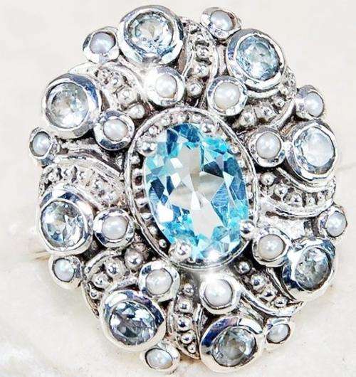 2CT Aquamarine Seed Pearl 925 Solid Sterling Silver Victorian Style Ring Sz 6.5