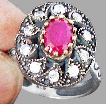 4.07cts TURKISH RED RUBY OVAL WHITE TOPAZ 925 STERLING SILVER RING Sz 7
