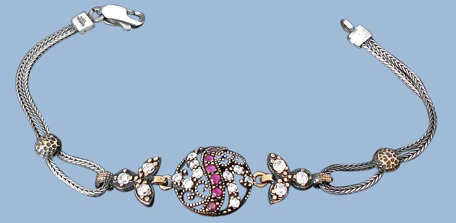 1.98cts SUPERB TURKISH RED RUBY ROUND WHITE TOPAZ 925 SILVER BRACELET 7"