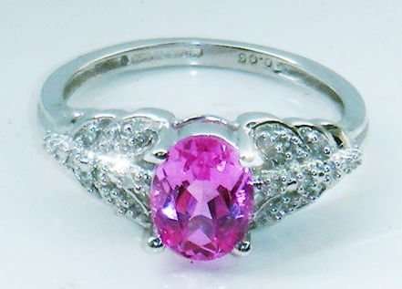 SUPERB 9CT WHITE GOLD PINK TOPAZ & DIAMOND LADIES RING SIZE N