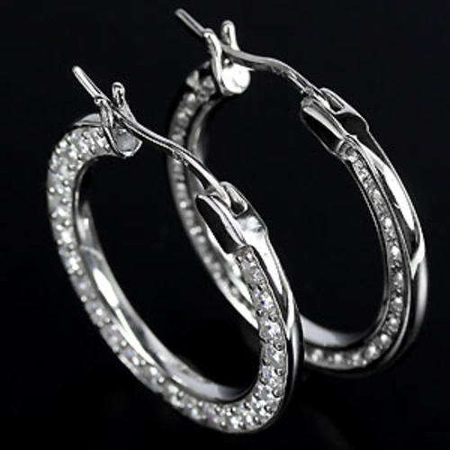 23x3 mm. AAA WHITE TOPAZ ROUND CUT STERLING 925 SILVER EARRING