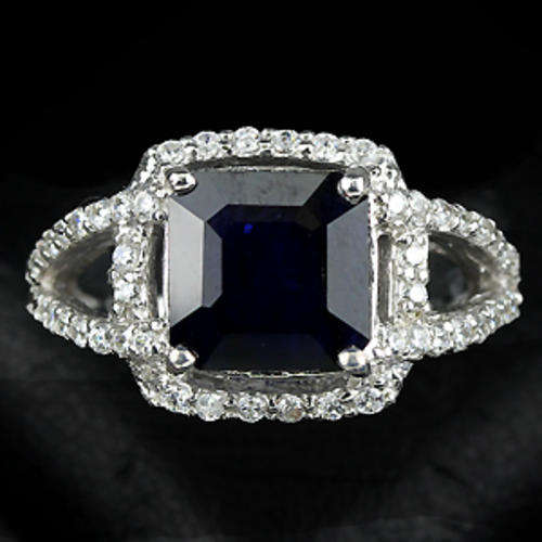 NATURAL AAA BLUE SAPPHIRE & WHITE CUBIC ZIRCONIA STERLING 925 SILVER RING 6.75