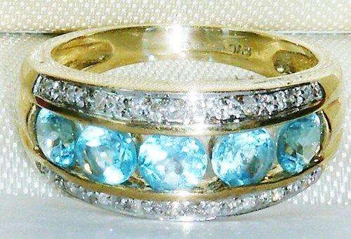 UK HALLMARKED 9CT GOLD BLUE TOPAZ & DIAMOND RING SIZE M