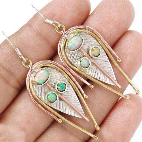 ***IN STOCK!!!*REAL STONES!!!***TWO TONE FIRE OPAL 925 STERLING SILVER EARRINGS JEWELRY