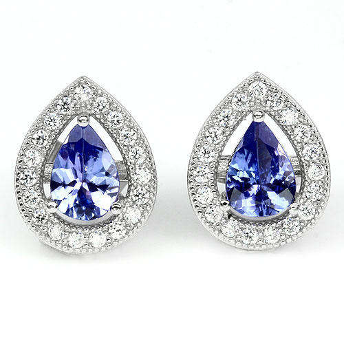 ***IN STOCK!!***REAL STONES!!!*** NATURAL PEAR 7x5mmTOP RICH BLUE VIOLET TANZANITE 925 SILVER EARRIN