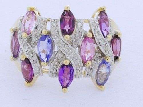 SUPERB 9ct Solid Gold Natural Diamond & Colorful Gemstone WIDE Ring