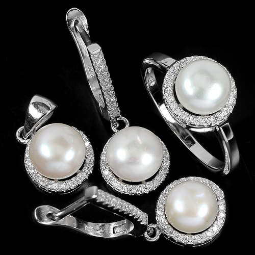 ***IN STOCK!!*** NATURAL AAA WHITE PEARL ROUND CABOCHON STERLING 925 SILVER SET SIZE 8